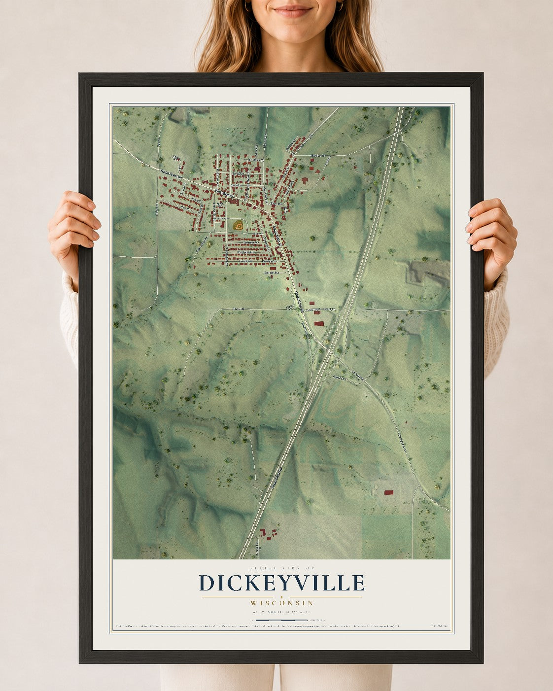 Map of Dickeyville, Wisconsin, 24 x 36 inch print in a black wood frame
