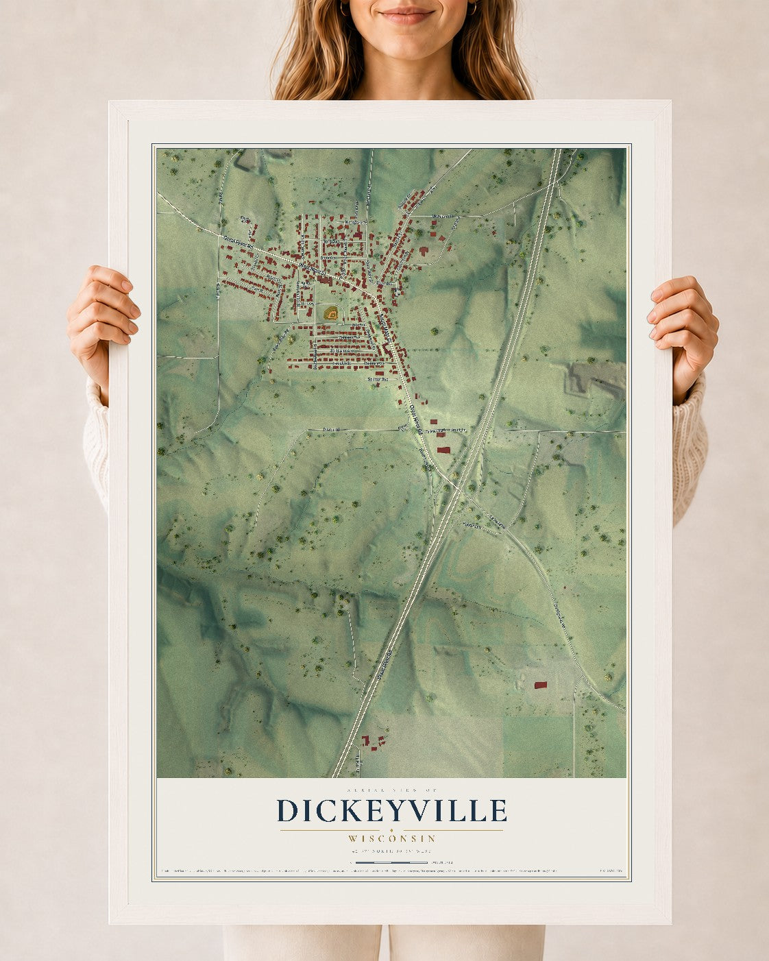 Map of Dickeyville, Wisconsin, 24 x 36 inch print in a white wood frame