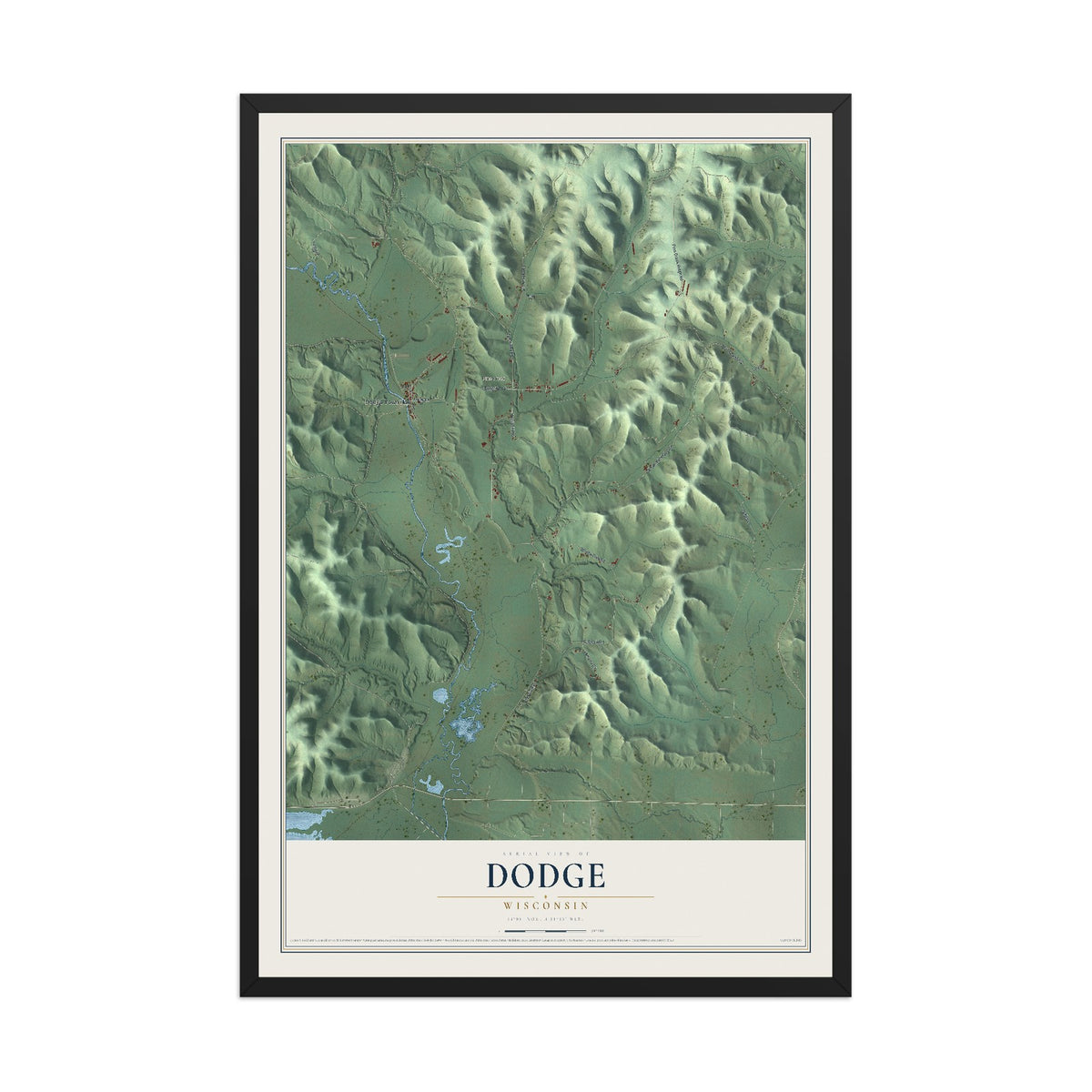 Map of Dodge, Wisconsin, 12 x 18 inch print in a black wood frame