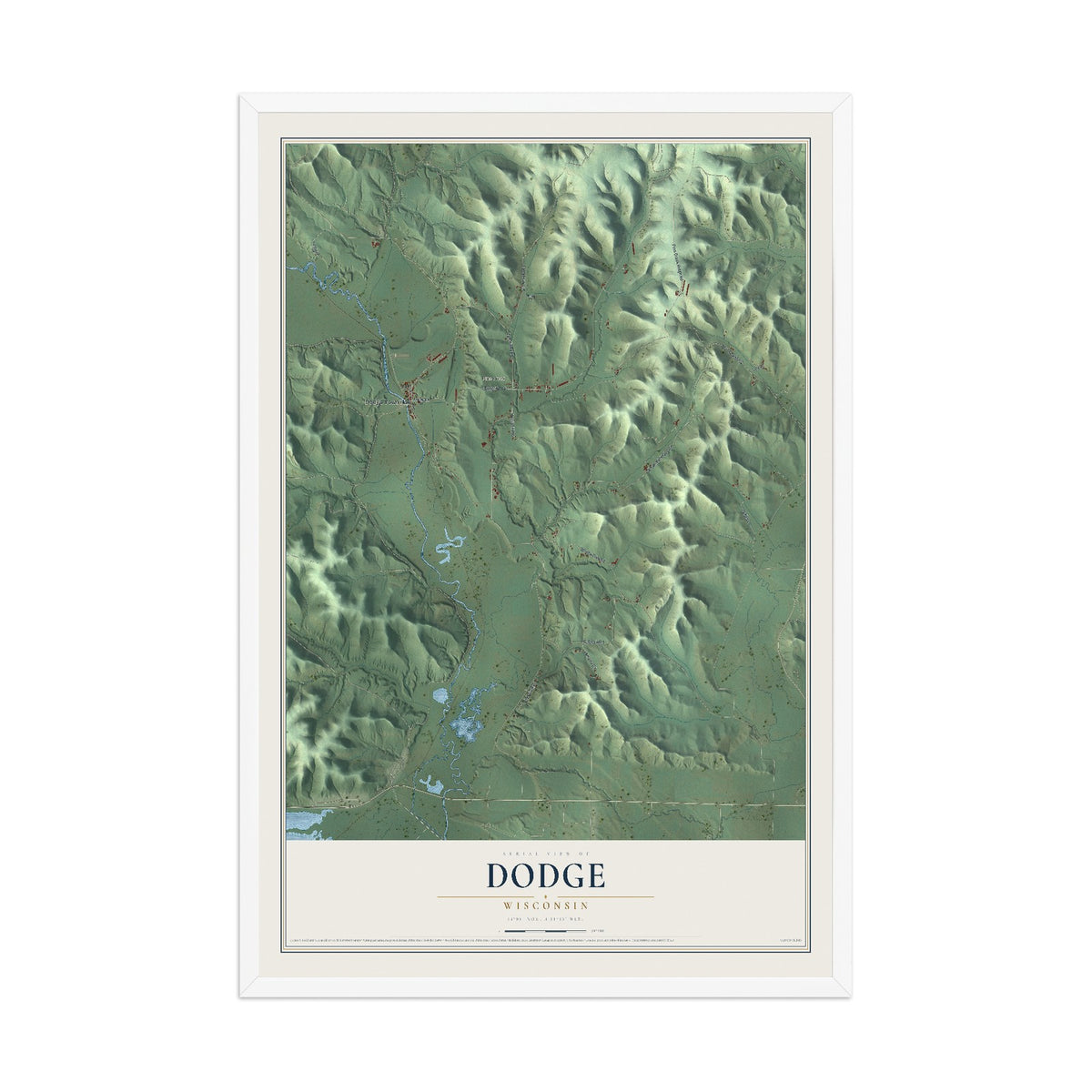 Map of Dodge, Wisconsin, 12 x 18 inch print in a white wood frame