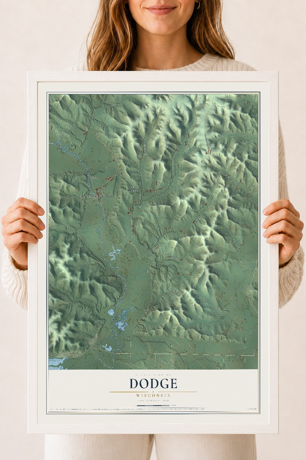 Map of Dodge, Wisconsin, 18 x 24 inch print in a white wood frame