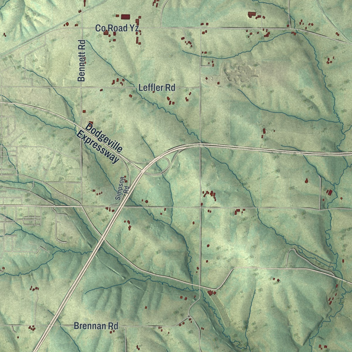 Second close-up of the map of the Town of Dodgeville, Wisconsin print showing more streets and buildings