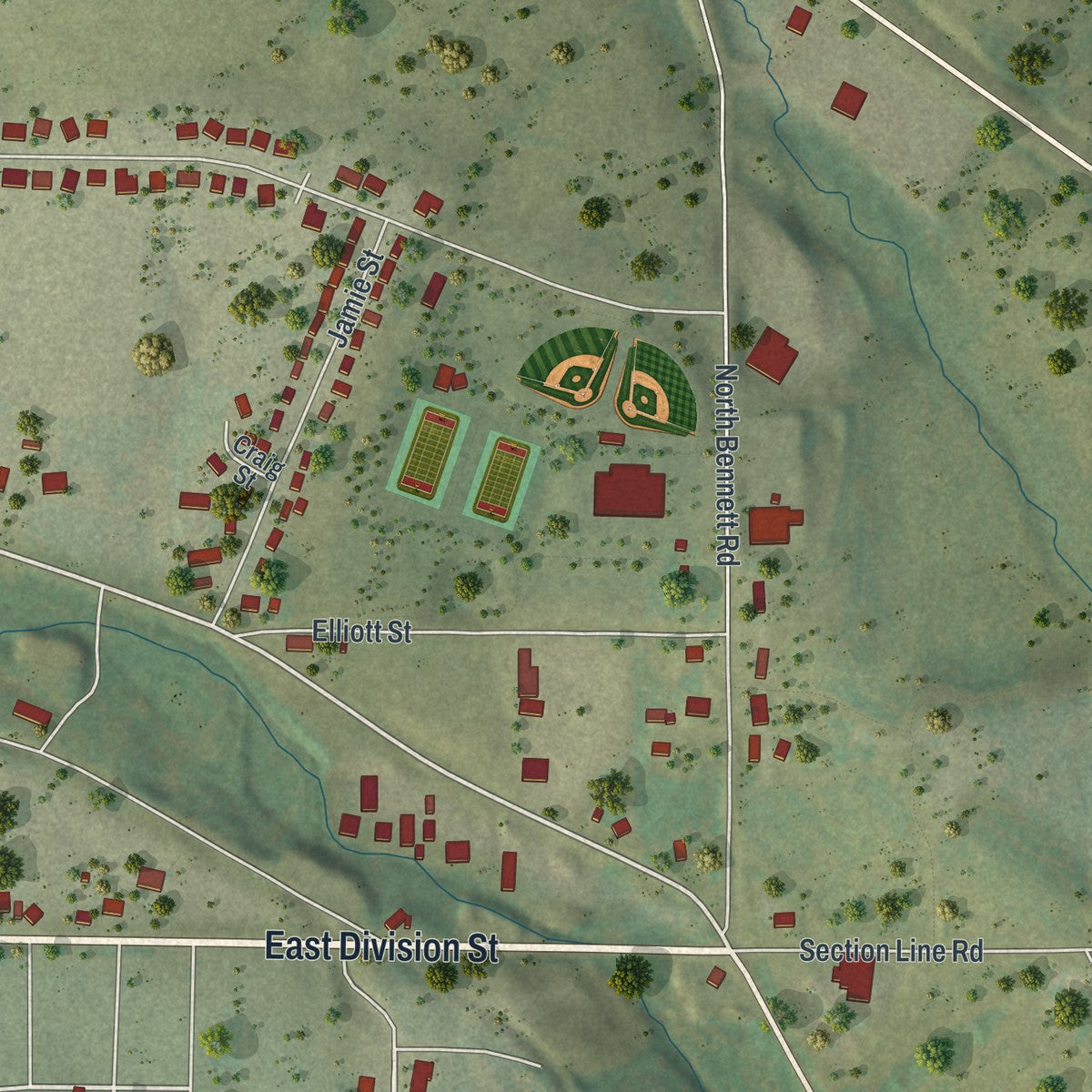 Second close-up of the map of Dodgeville, Wisconsin print showing more streets and buildings