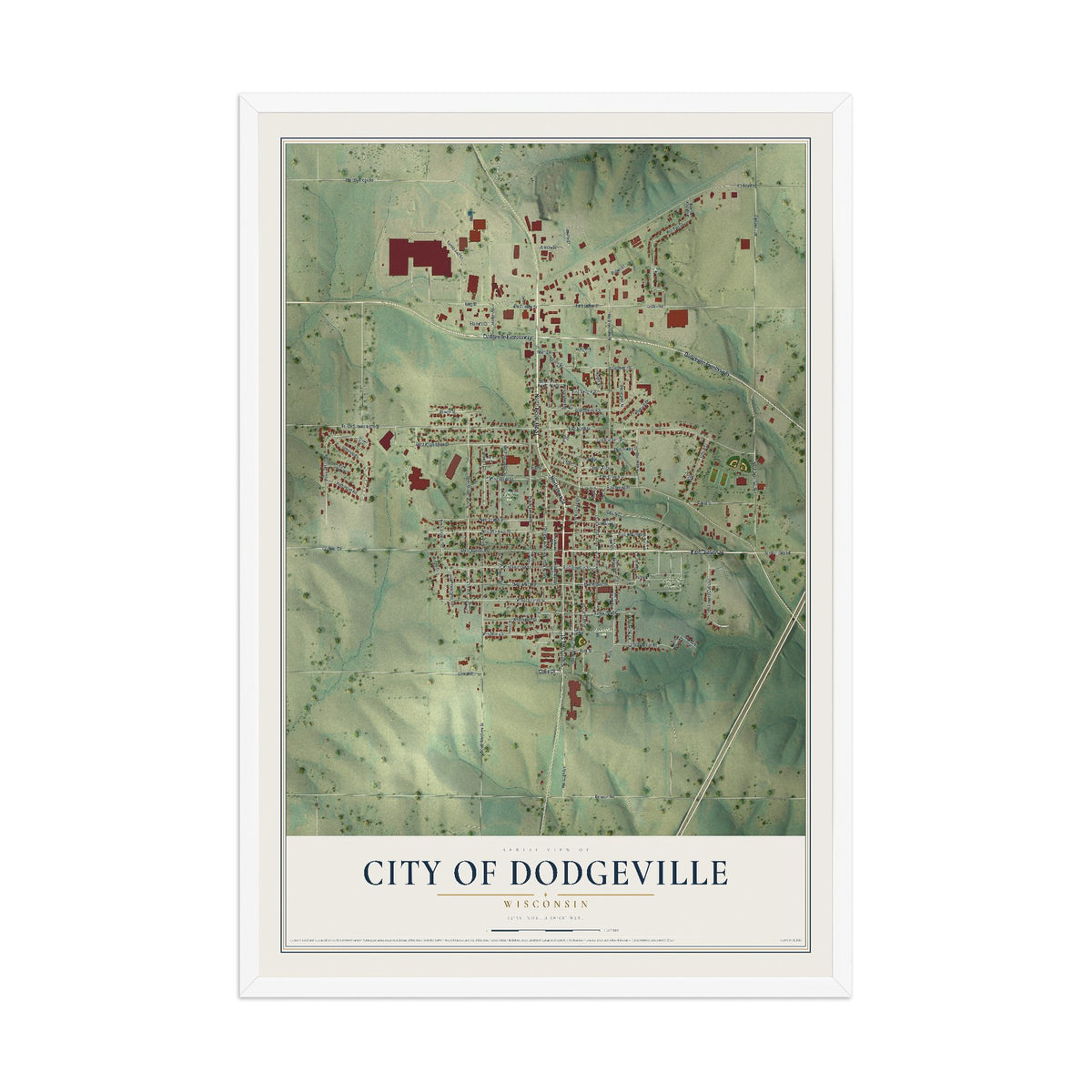 Map of Dodgeville, Wisconsin, 12 x 18 inch print in a white wood frame