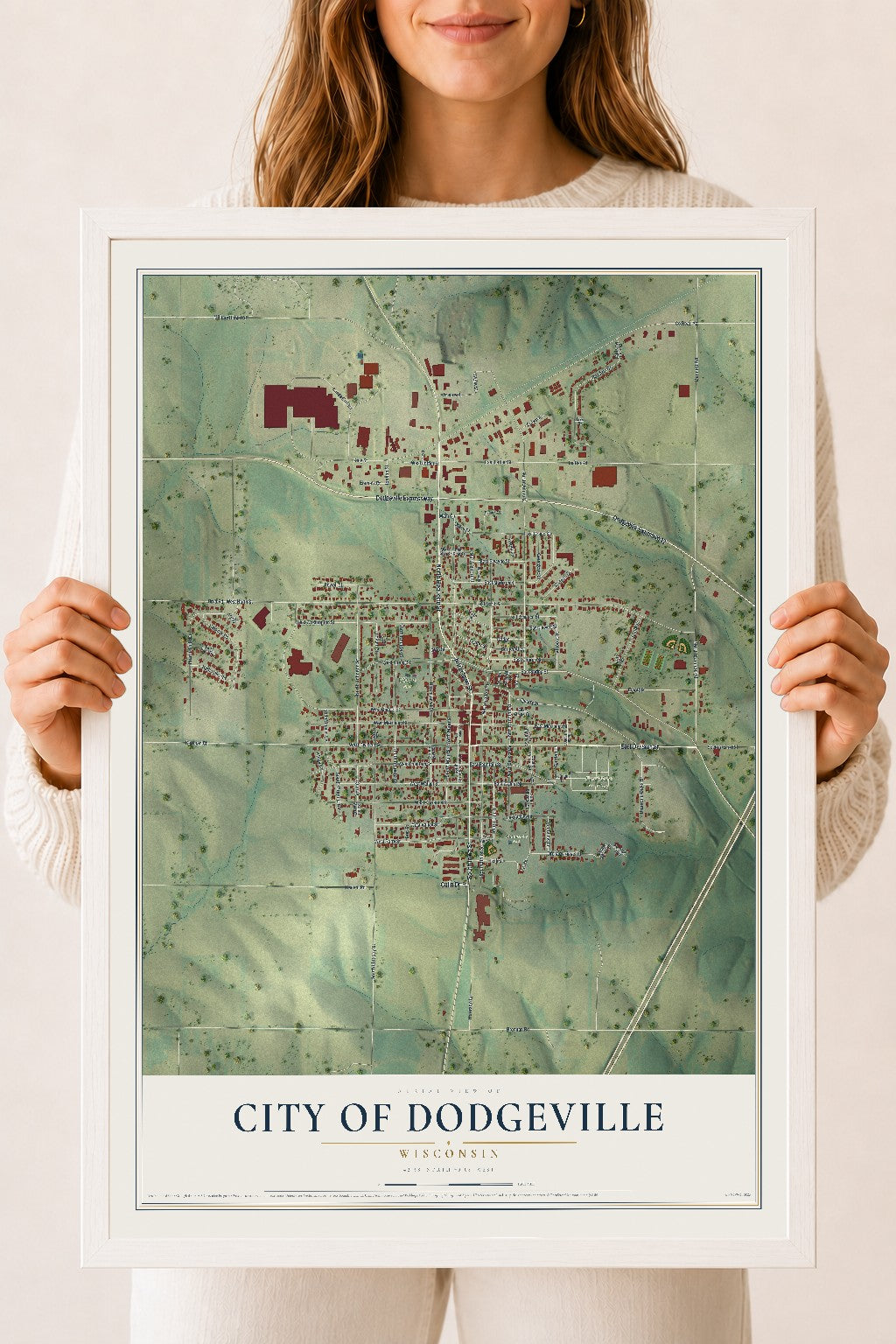 Map of Dodgeville, Wisconsin, 18 x 24 inch print in a white wood frame