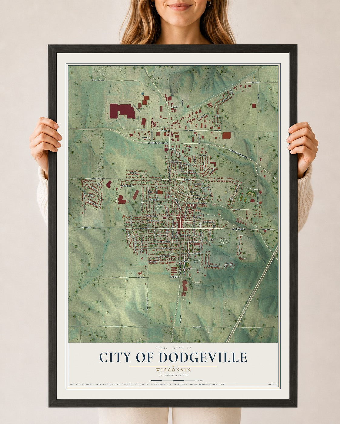 Map of Dodgeville, Wisconsin, 24 x 36 inch print in a black wood frame