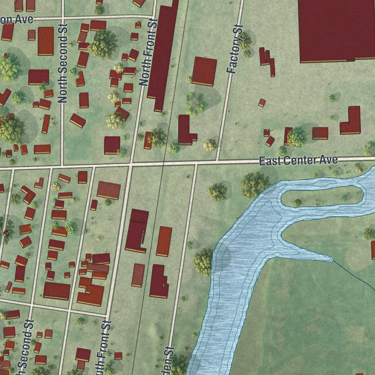 Close-up of the map of Dorchester, Wisconsin print showing street and building detail
