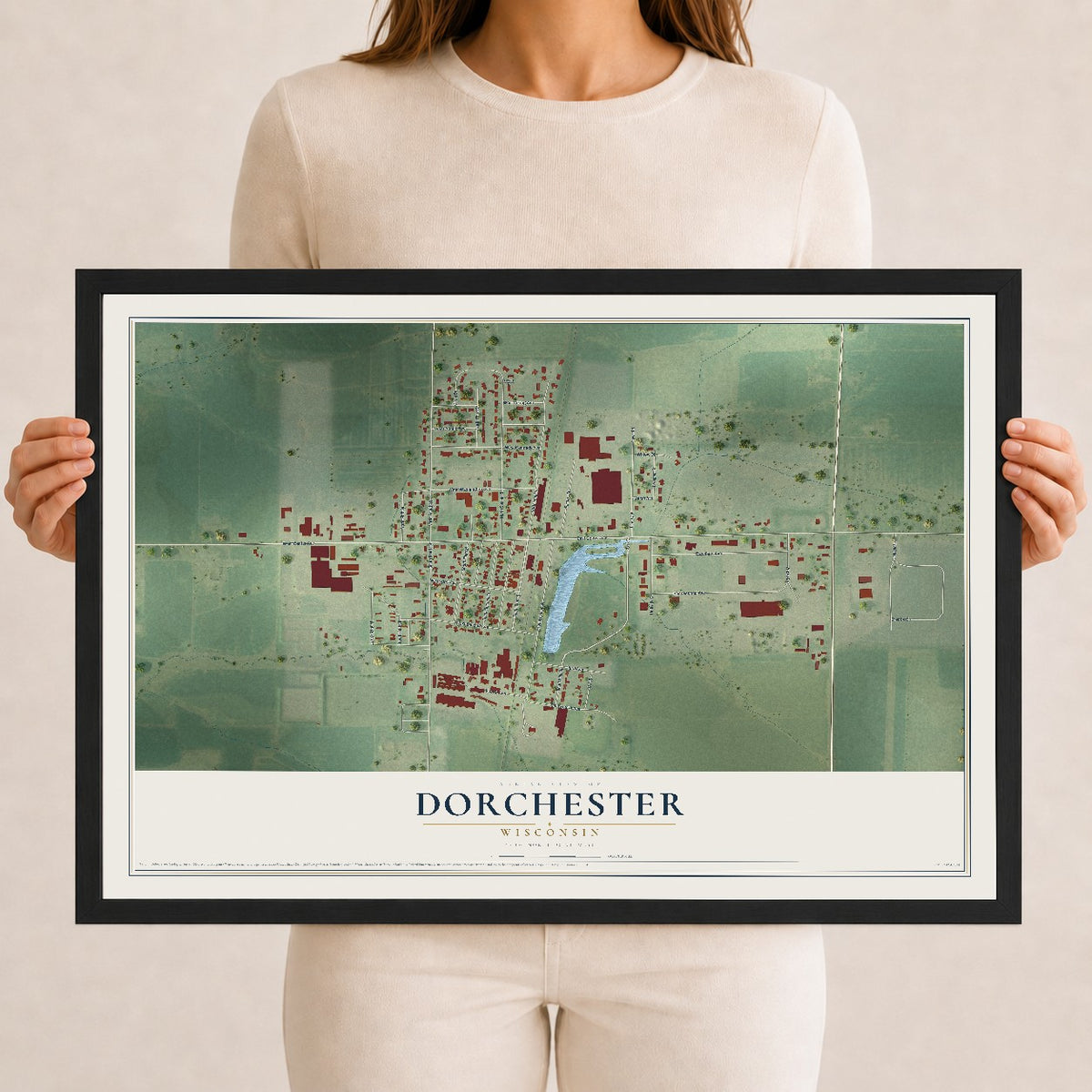 Map of Dorchester, Wisconsin, 12 x 18 inch print in a black wood frame