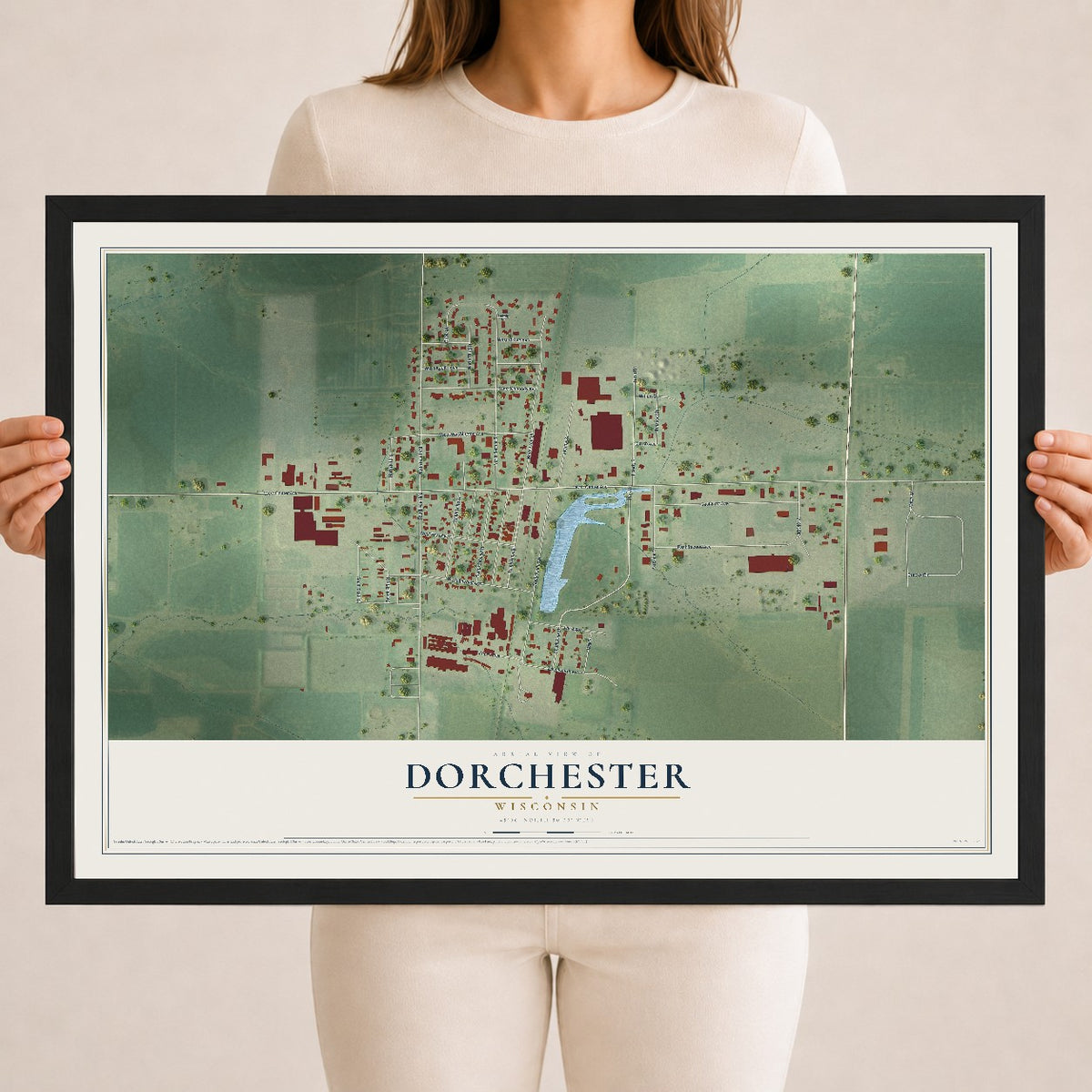 Map of Dorchester, Wisconsin, 18 x 24 inch print in a black wood frame