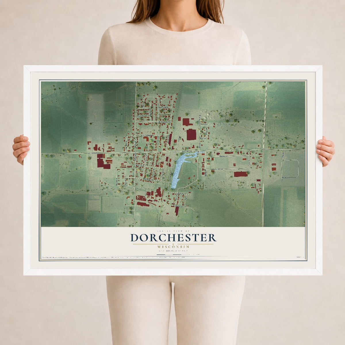 Map of Dorchester, Wisconsin, 24 x 36 inch print in a white wood frame