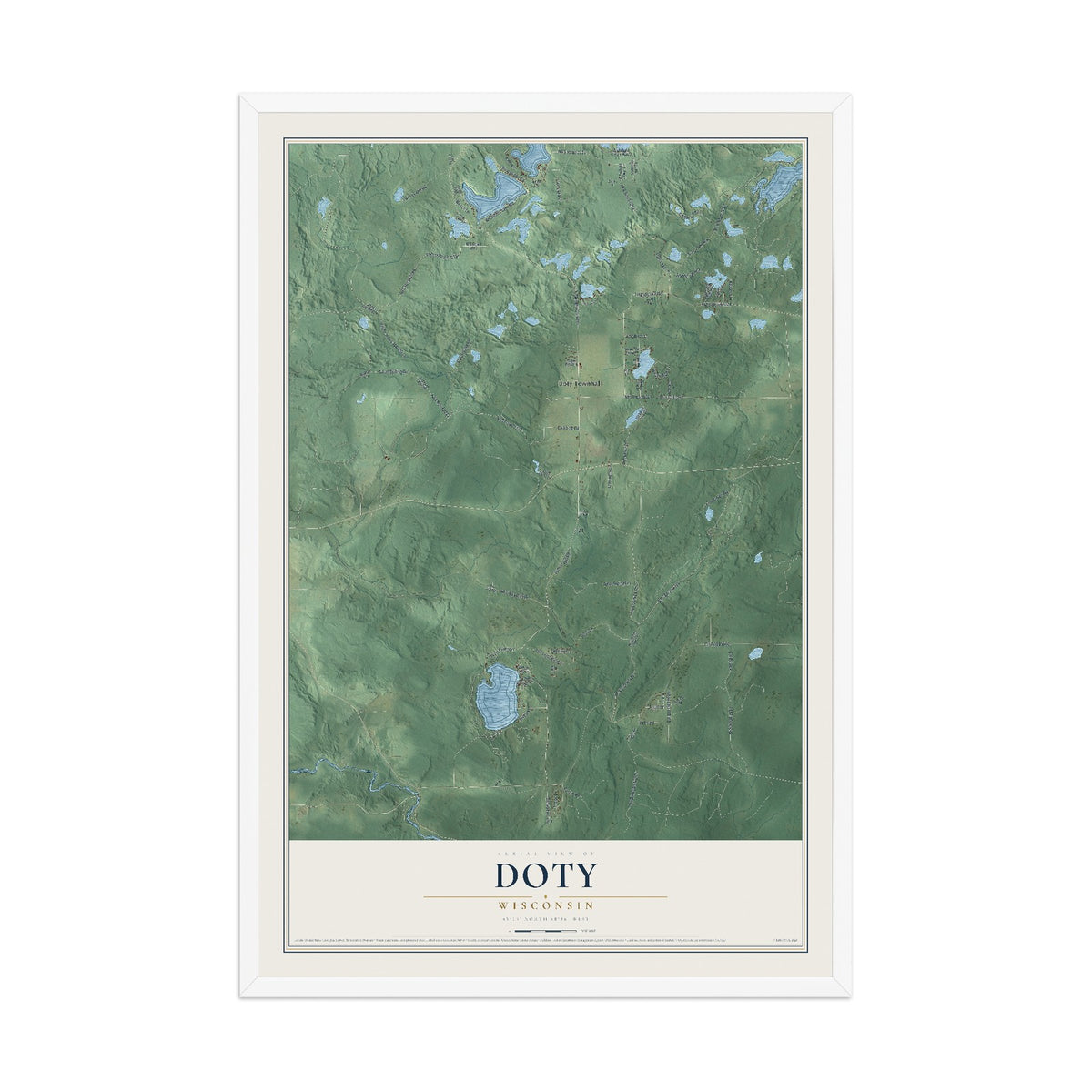 Map of Doty, Wisconsin, 12 x 18 inch print in a white wood frame