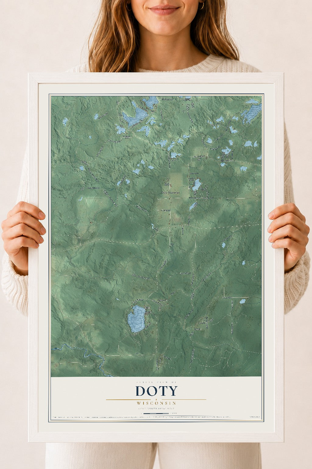 Map of Doty, Wisconsin, 18 x 24 inch print in a white wood frame