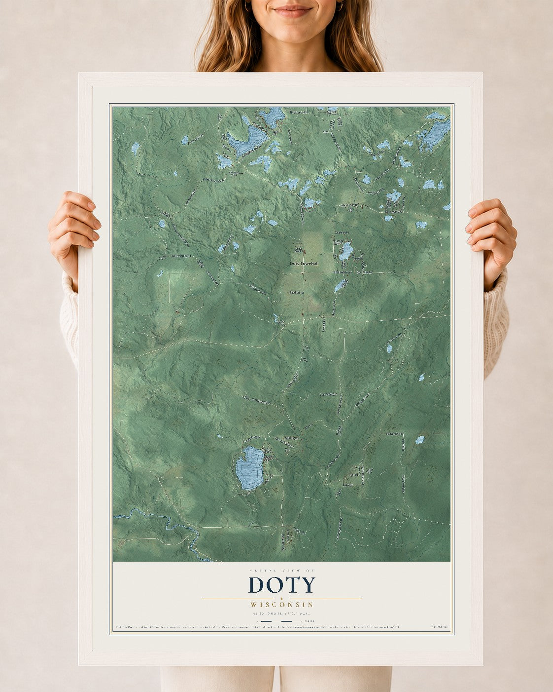 Map of Doty, Wisconsin, 24 x 36 inch print in a white wood frame