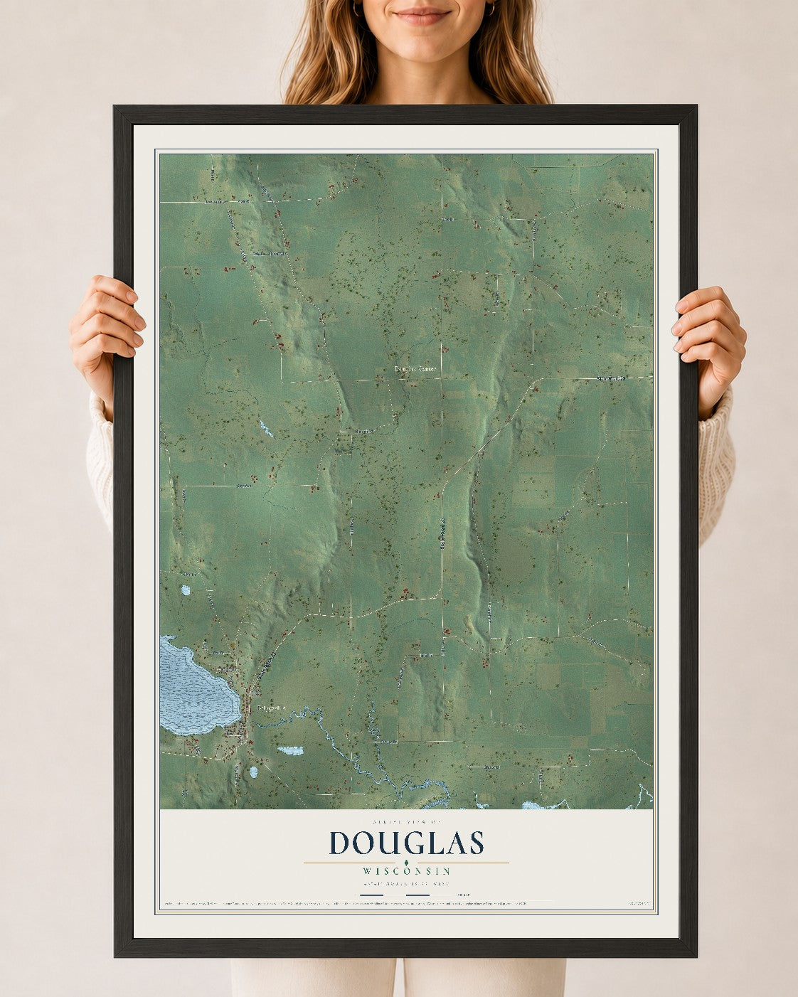 Map of Douglas, Wisconsin, 24 x 36 inch print in a black wood frame