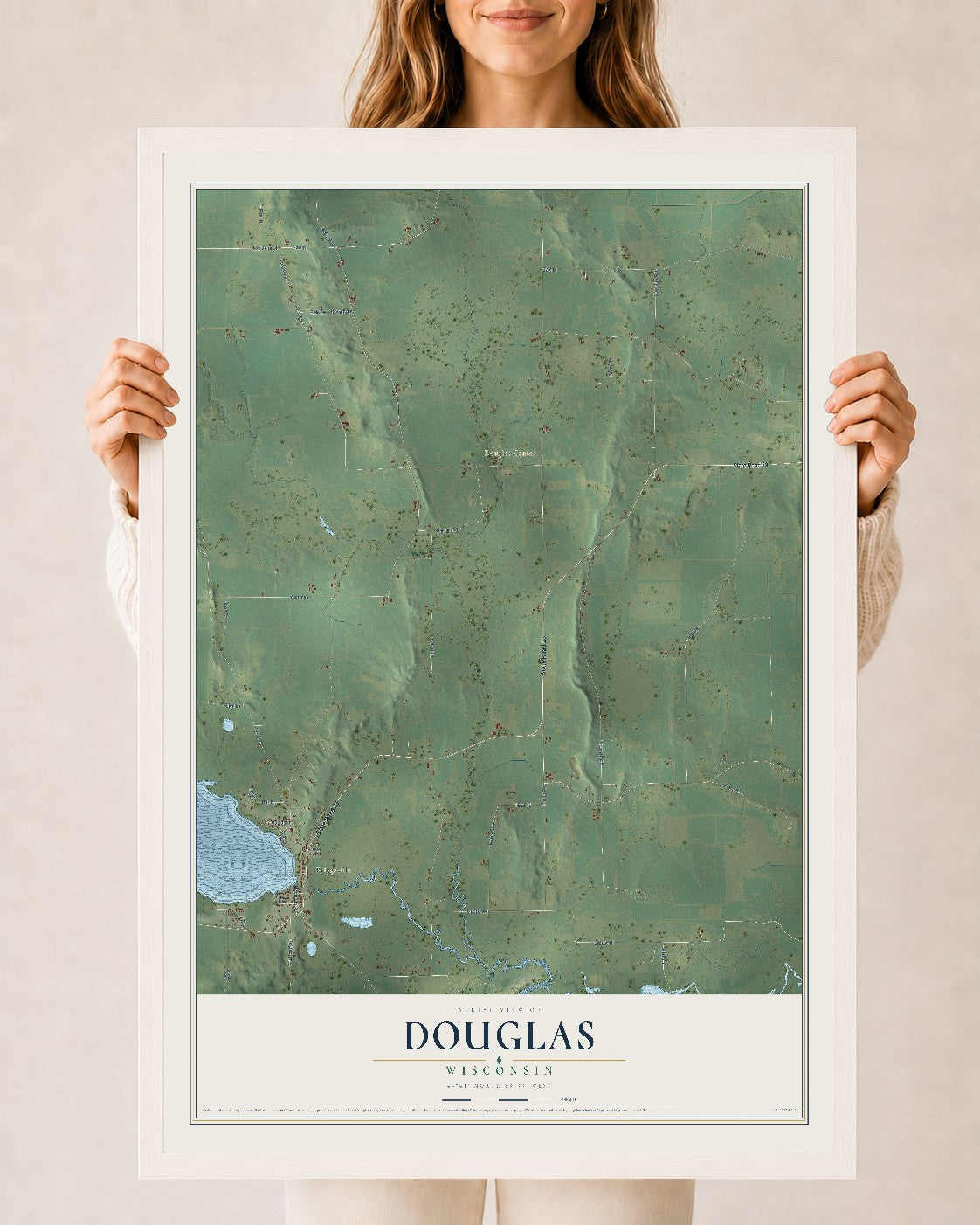 Map of Douglas, Wisconsin, 24 x 36 inch print in a white wood frame