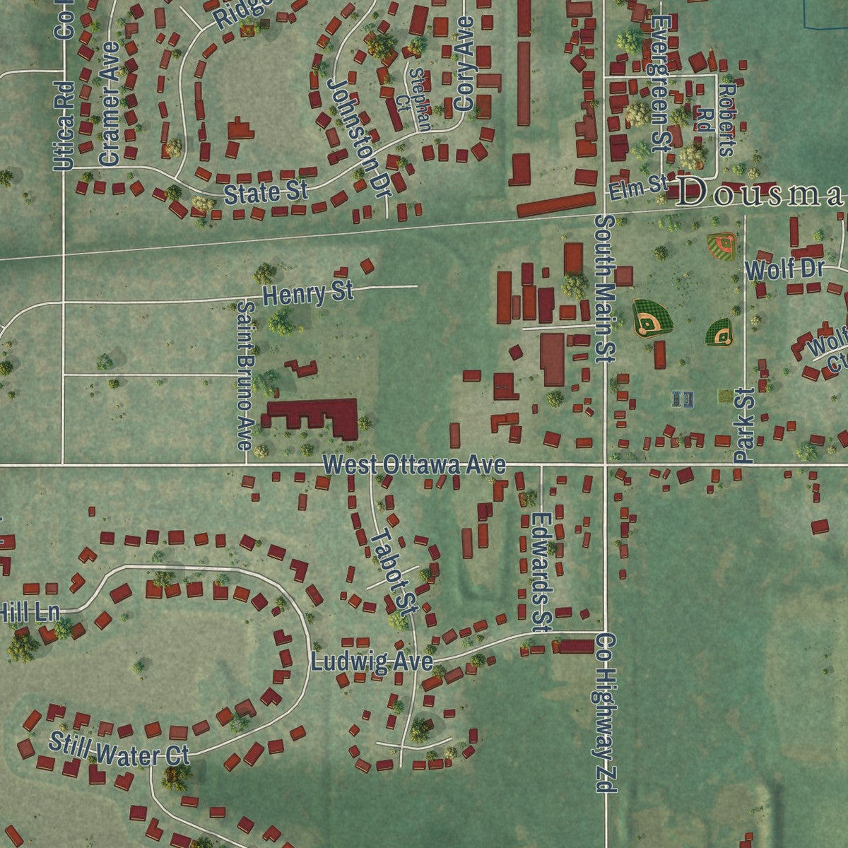 Close-up of the map of Dousman, Wisconsin print showing street and building detail