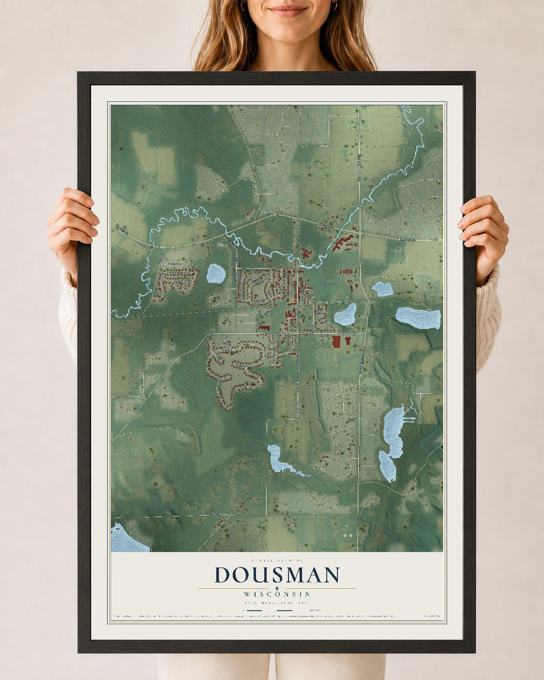 Map of Dousman, Wisconsin, 24 x 36 inch print in a black wood frame