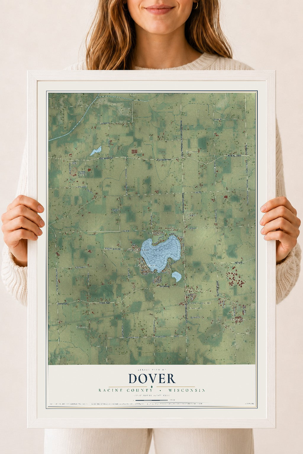 Map of Dover, Racine County, Wisconsin, 18 x 24 inch print in a white wood frame
