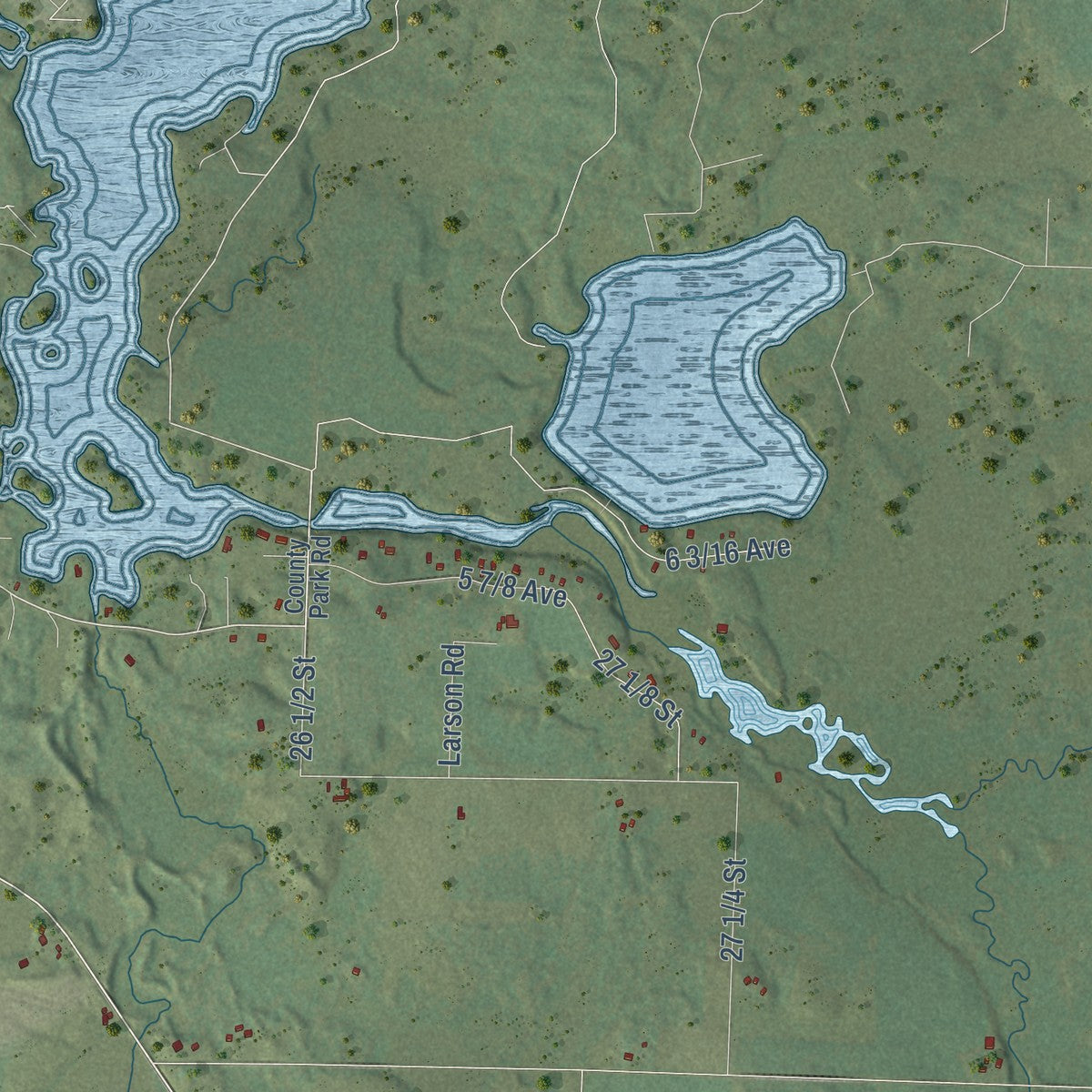 Close-up of the map of Dovre, Wisconsin print showing street and building detail