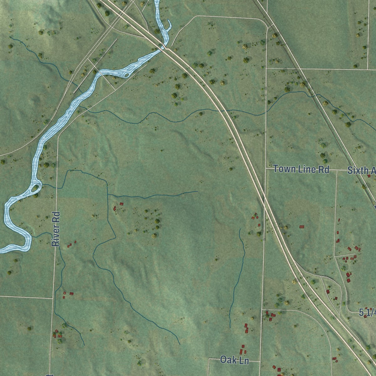 Second close-up of the map of Dovre, Wisconsin print showing more streets and buildings