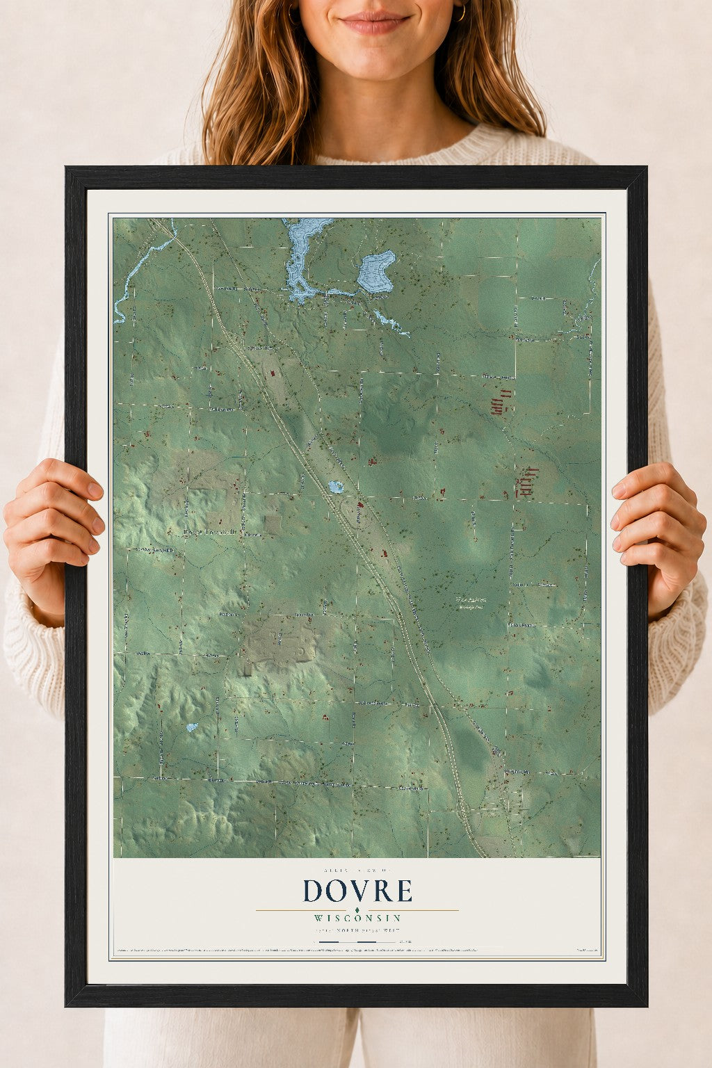 Map of Dovre, Wisconsin, 18 x 24 inch print in a black wood frame