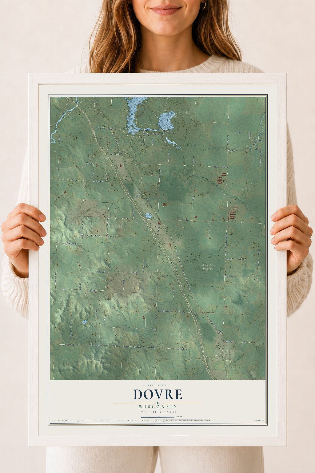 Map of Dovre, Wisconsin, 18 x 24 inch print in a white wood frame