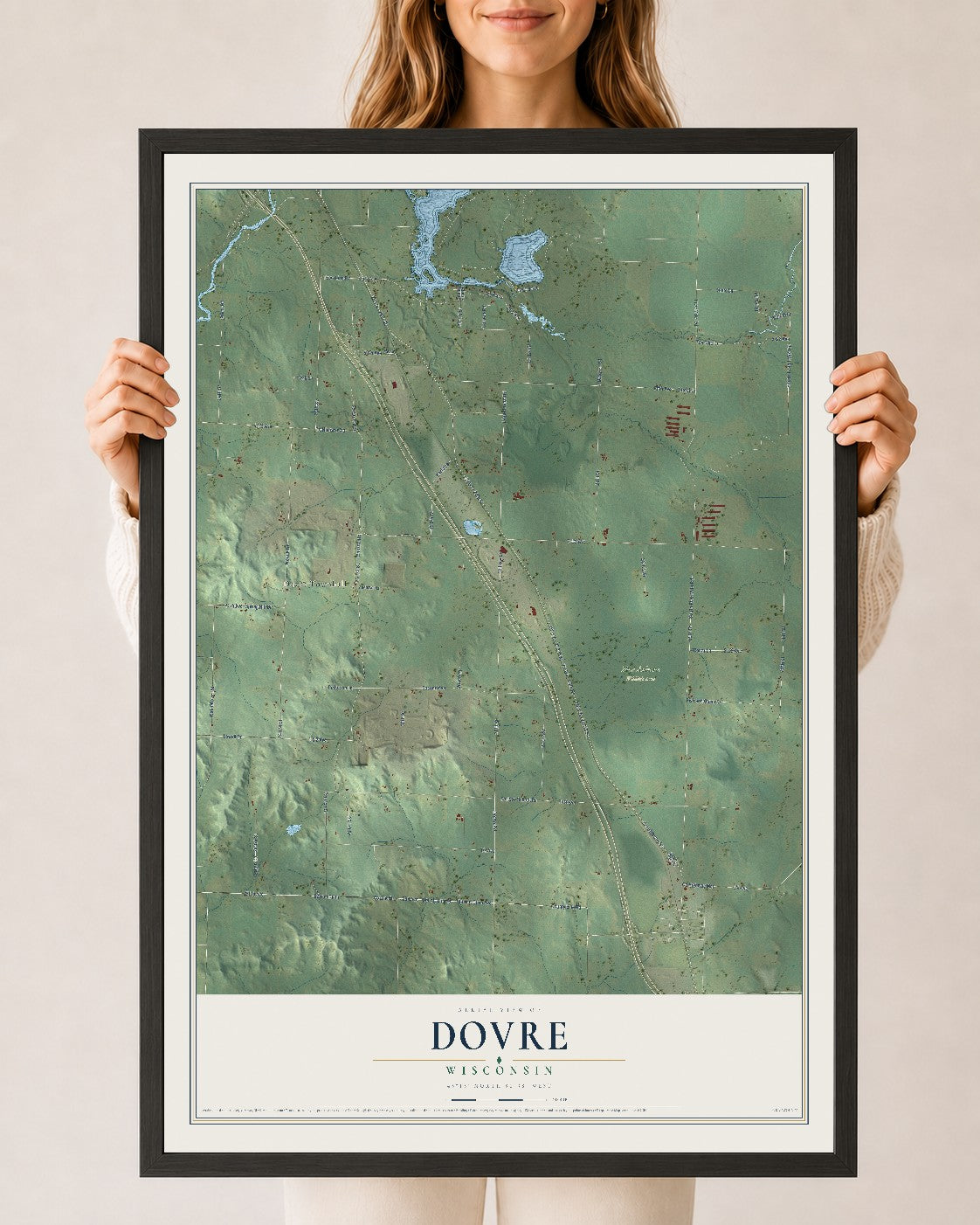 Map of Dovre, Wisconsin, 24 x 36 inch print in a black wood frame