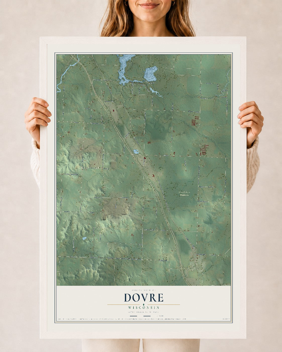 Map of Dovre, Wisconsin, 24 x 36 inch print in a white wood frame