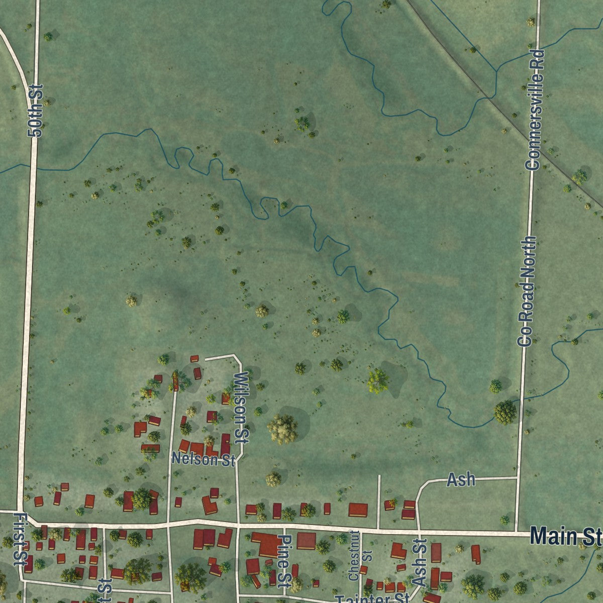 Close-up of the map of Downing, Wisconsin print showing street and building detail