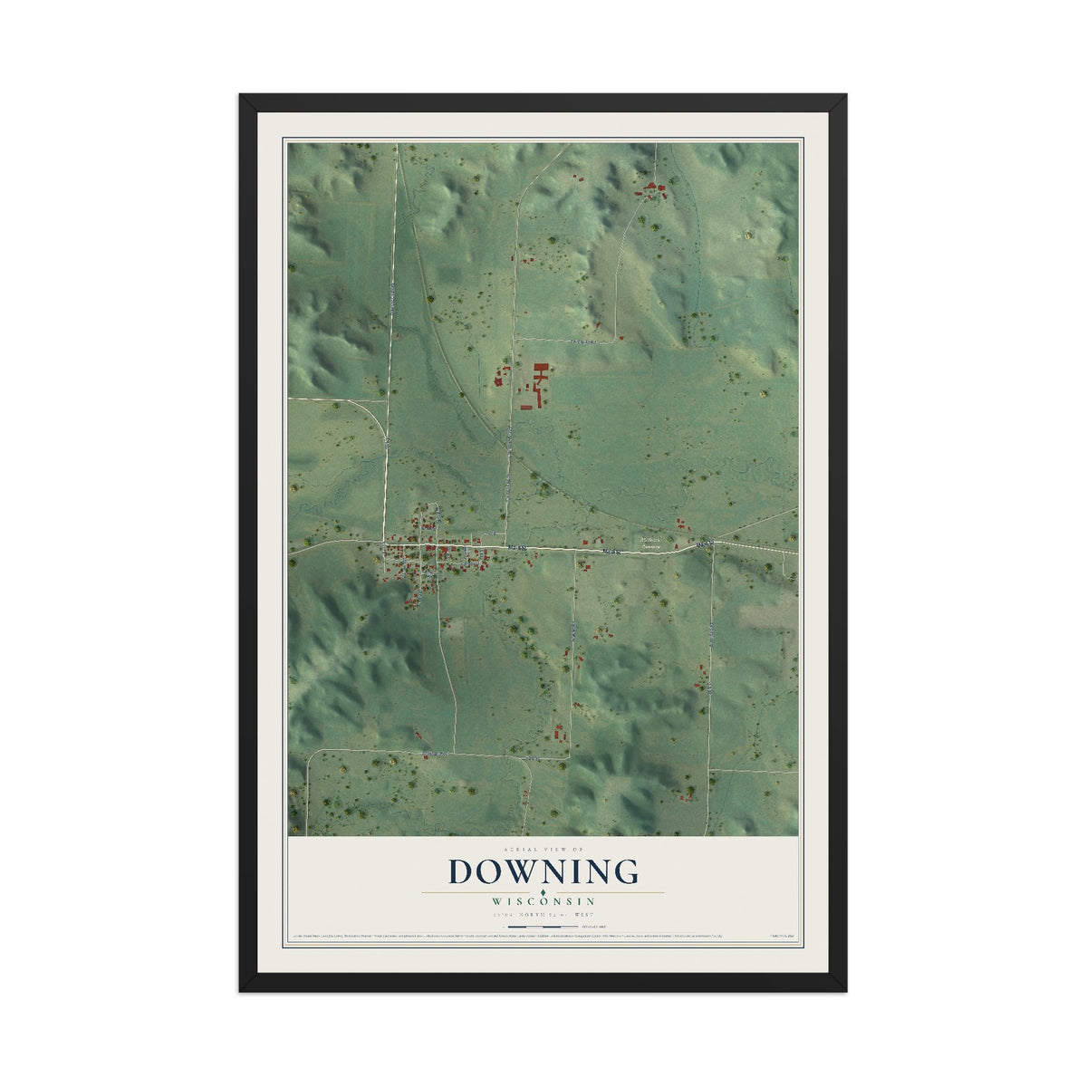 Map of Downing, Wisconsin, 12 x 18 inch print in a black wood frame