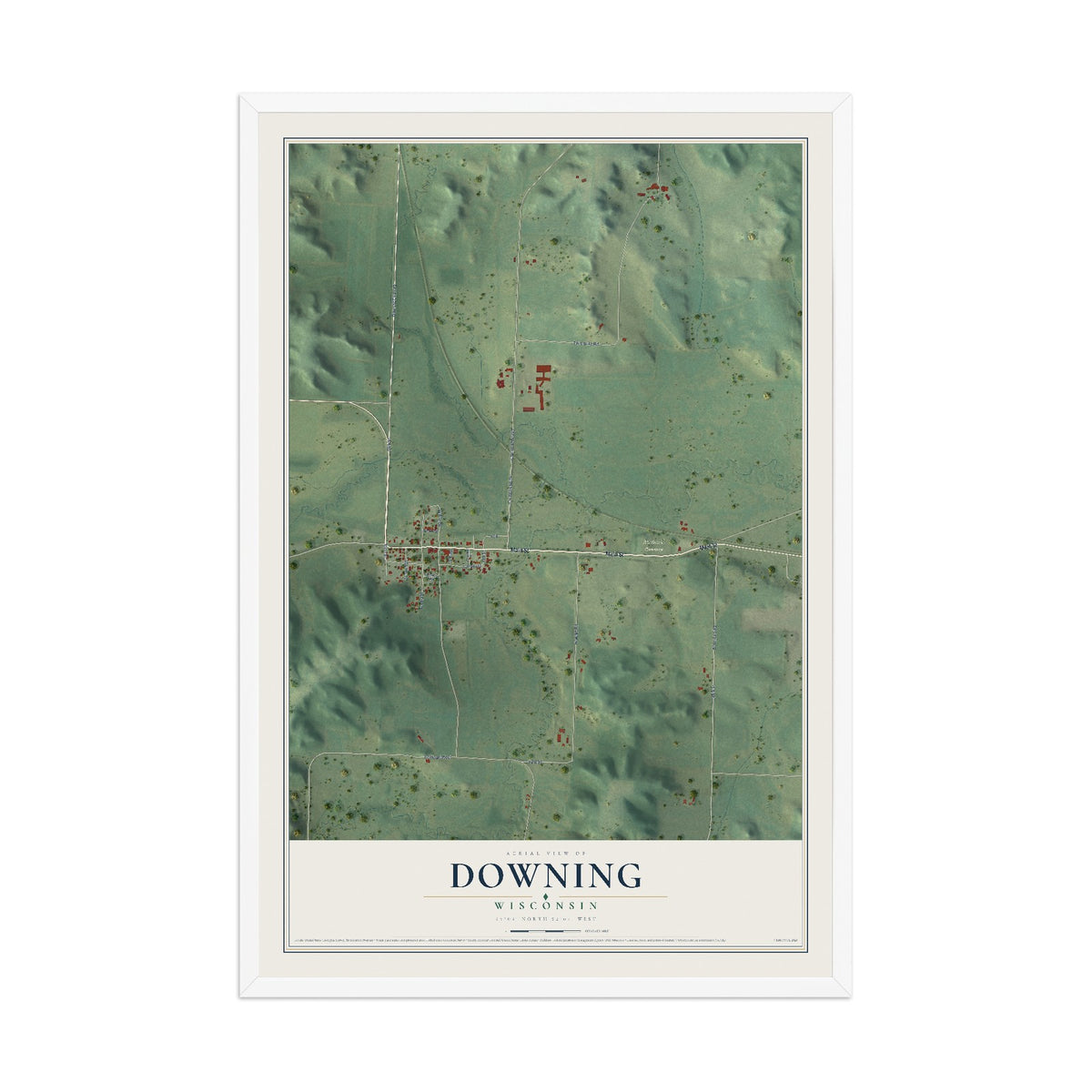 Map of Downing, Wisconsin, 12 x 18 inch print in a white wood frame