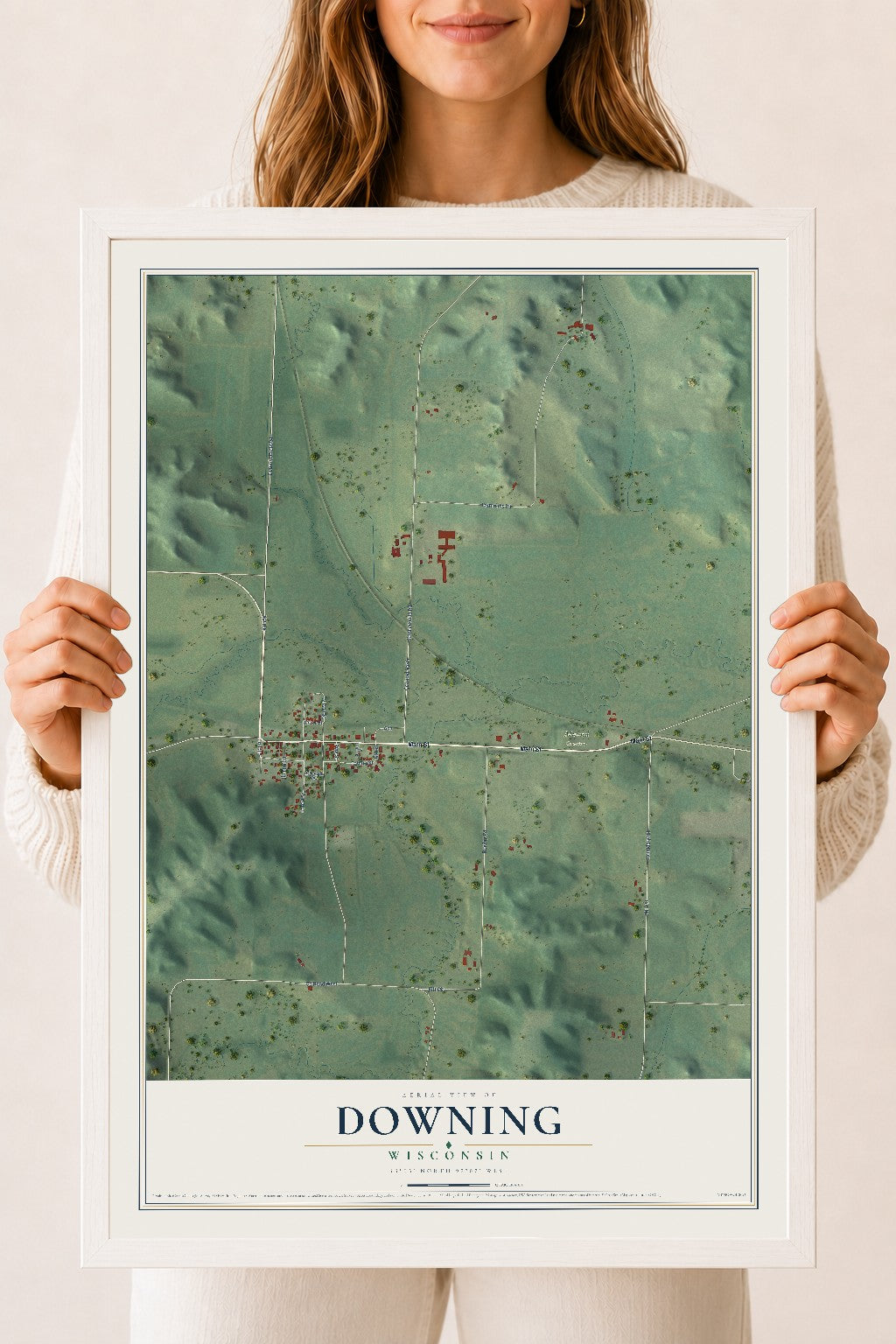 Map of Downing, Wisconsin, 18 x 24 inch print in a white wood frame