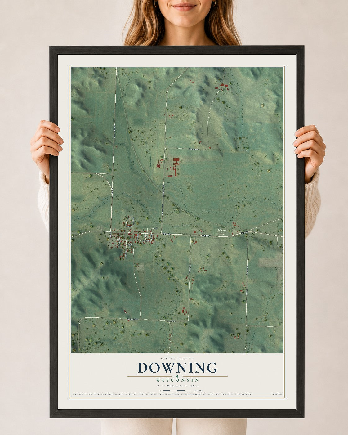 Map of Downing, Wisconsin, 24 x 36 inch print in a black wood frame