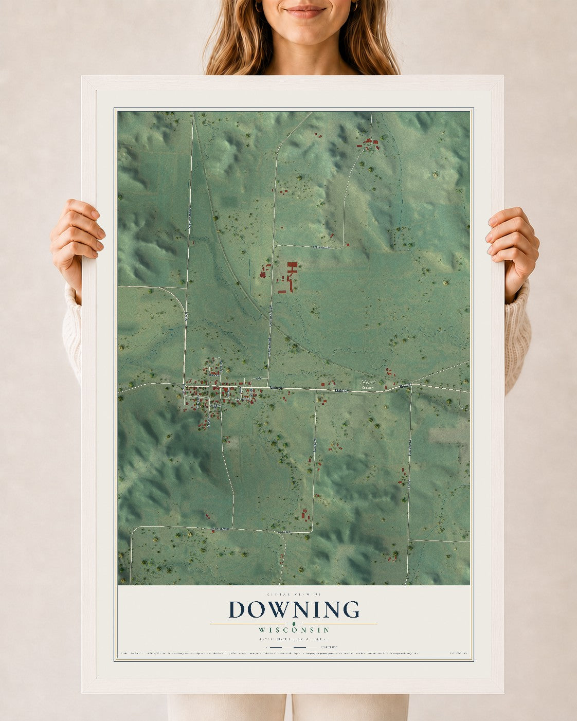Map of Downing, Wisconsin, 24 x 36 inch print in a white wood frame