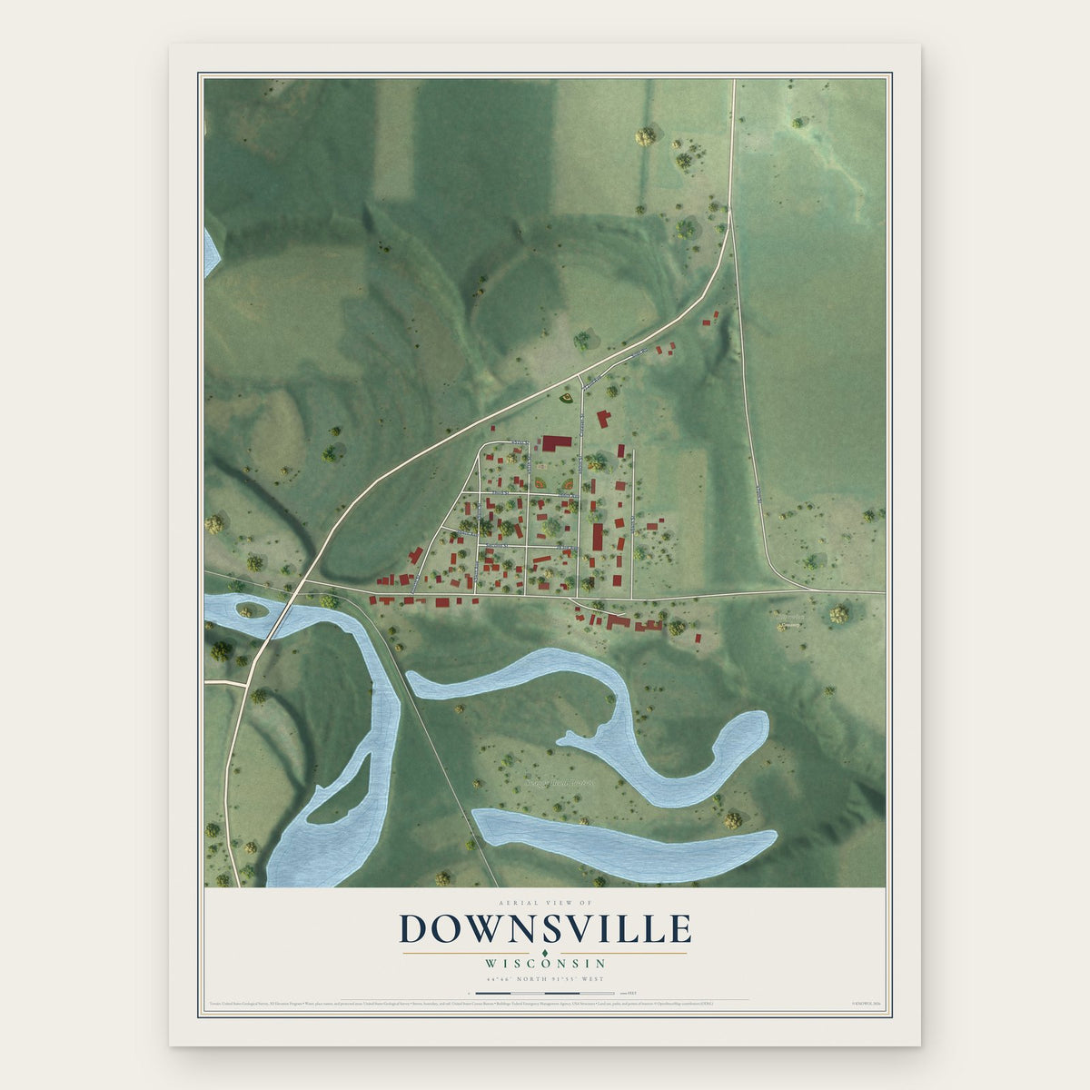 Downsville, Wisconsin map print, the full design