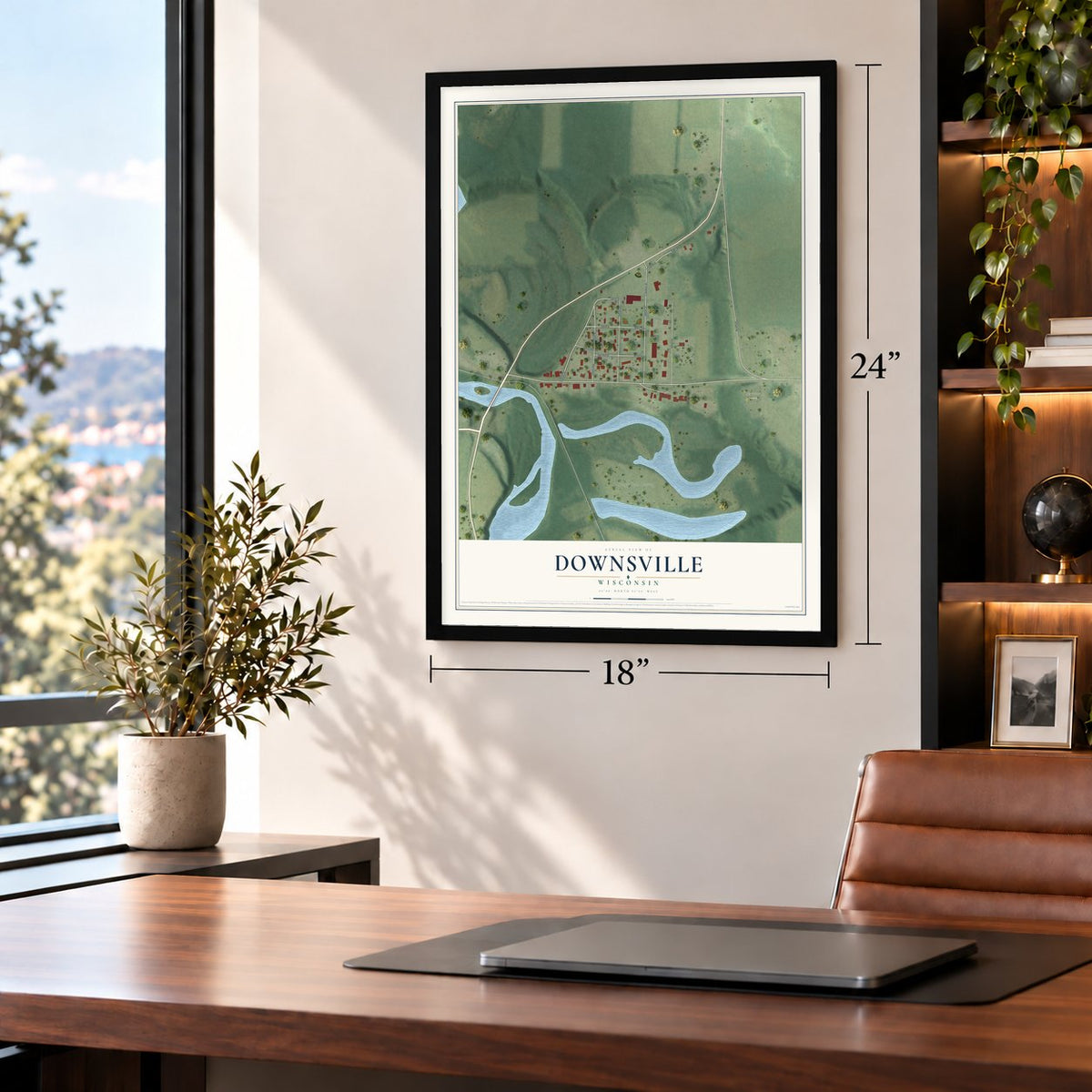 Downsville, Wisconsin map, 18 x 24 inch print in a black frame in a home office