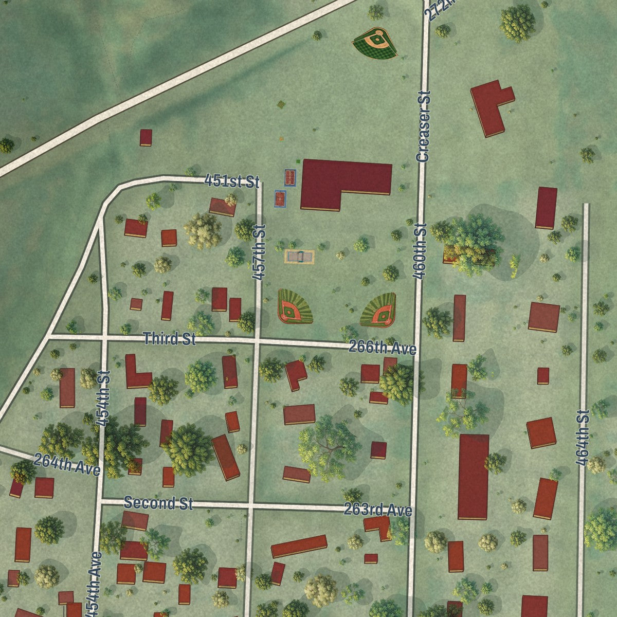 Close-up of the map of Downsville, Wisconsin print showing street and building detail