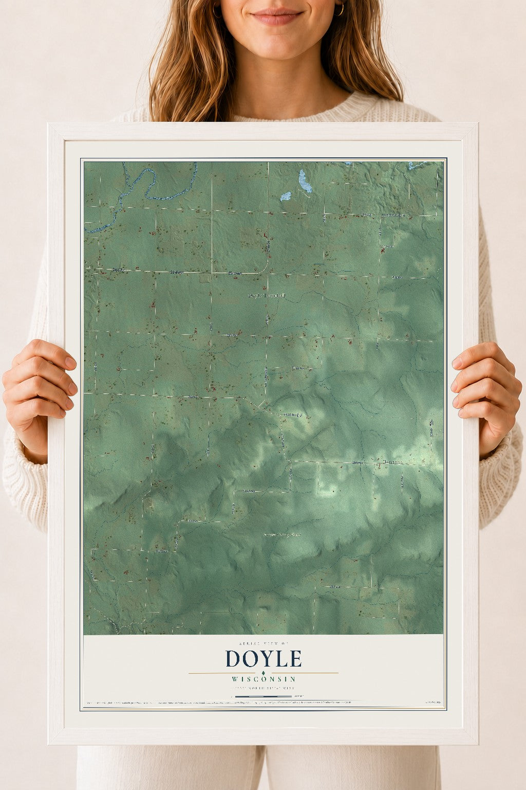 Map of Doyle, Wisconsin, 18 x 24 inch print in a white wood frame