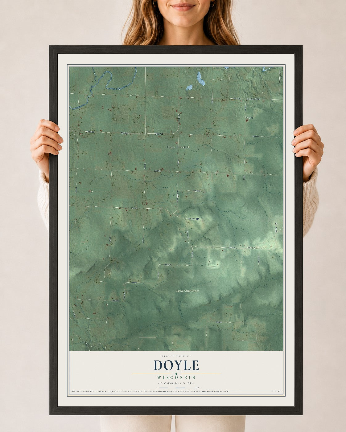 Map of Doyle, Wisconsin, 24 x 36 inch print in a black wood frame