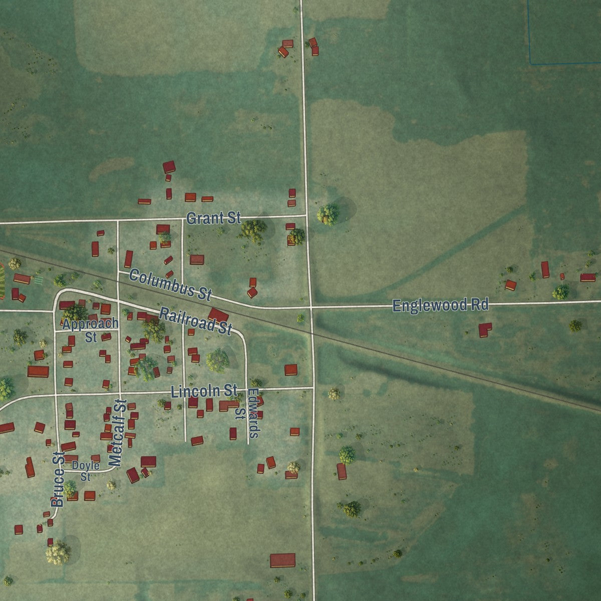 Second close-up of the map of Doylestown, Wisconsin print showing more streets and buildings