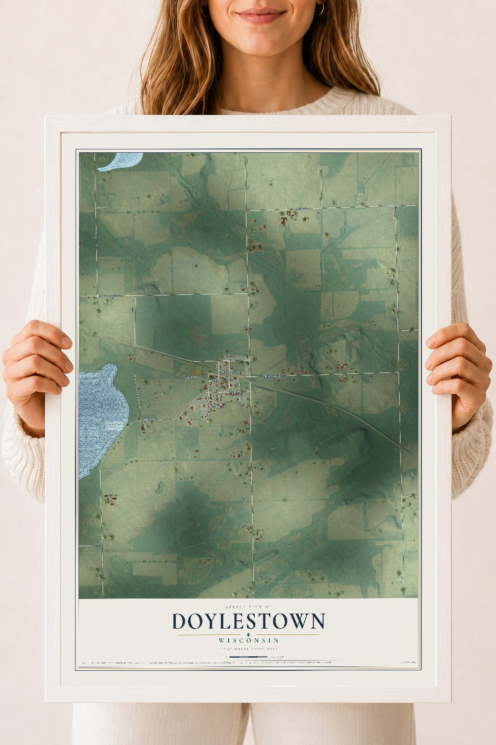 Map of Doylestown, Wisconsin, 18 x 24 inch print in a white wood frame