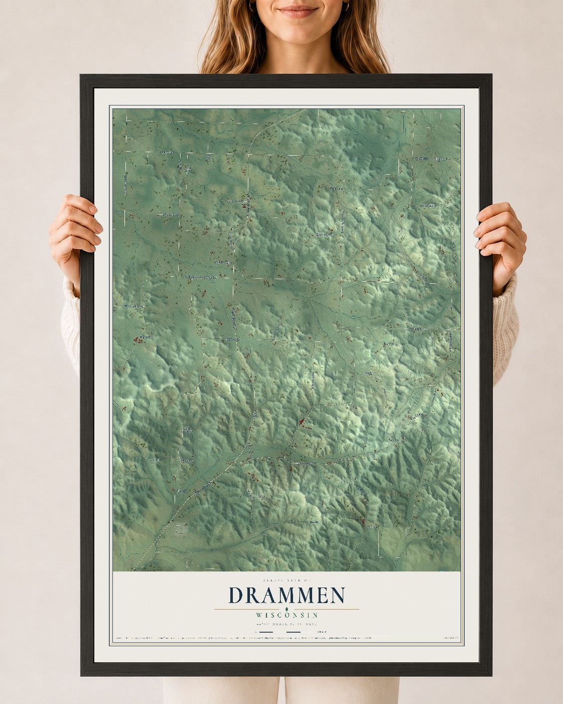 Map of Drammen, Wisconsin, 24 x 36 inch print in a black wood frame