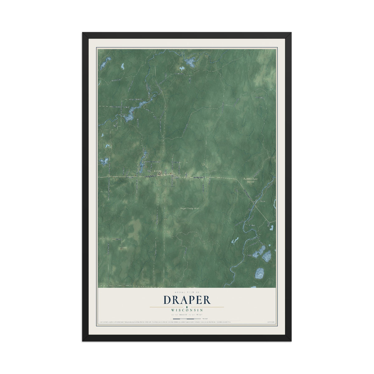 Map of Draper, Wisconsin, 12 x 18 inch print in a black wood frame