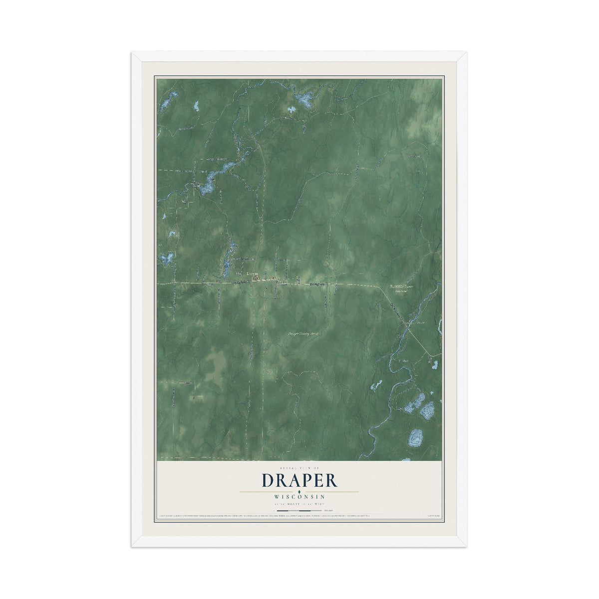 Map of Draper, Wisconsin, 12 x 18 inch print in a white wood frame