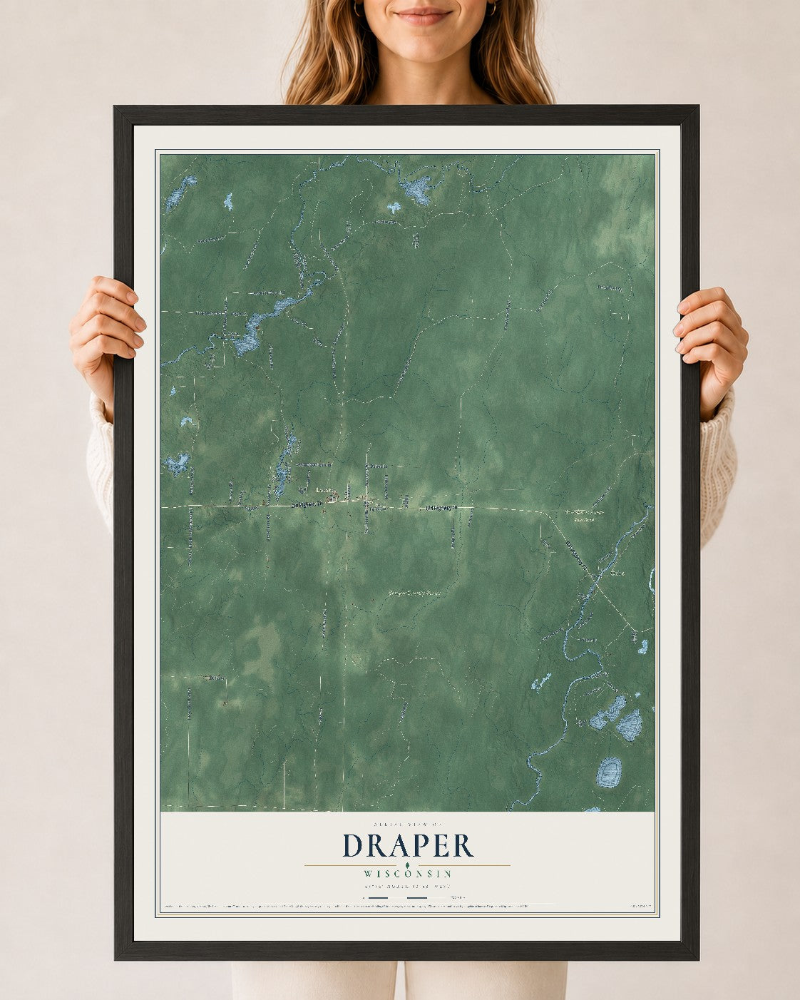 Map of Draper, Wisconsin, 24 x 36 inch print in a black wood frame