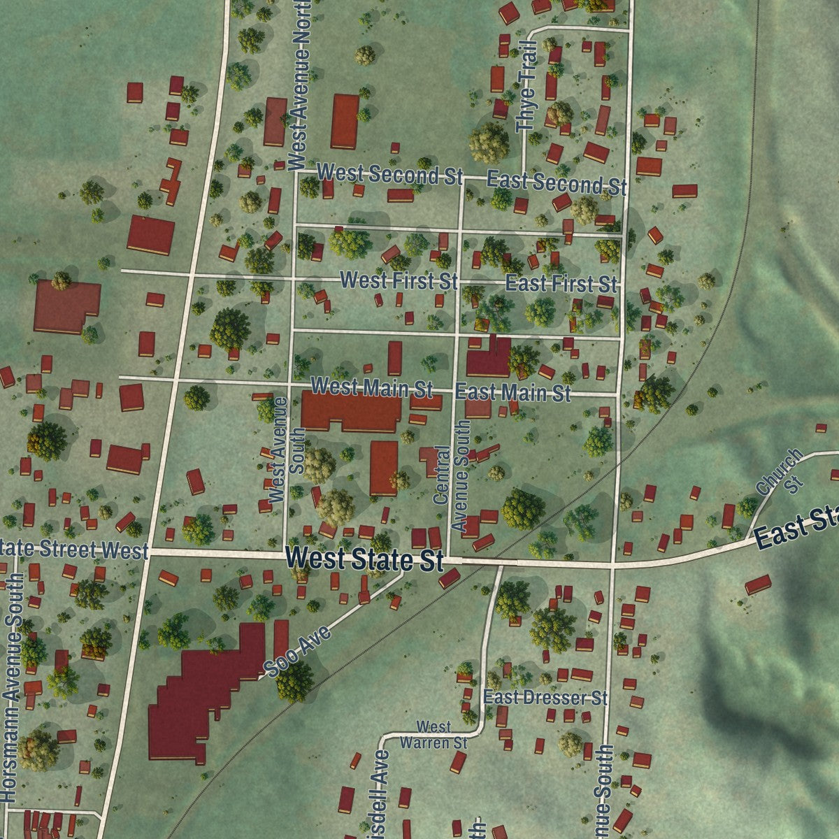 Close-up of the map of Dresser, Wisconsin print showing street and building detail