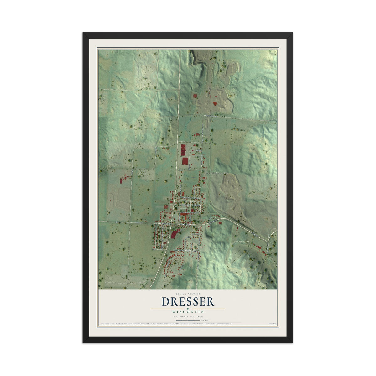 Map of Dresser, Wisconsin, 12 x 18 inch print in a black wood frame