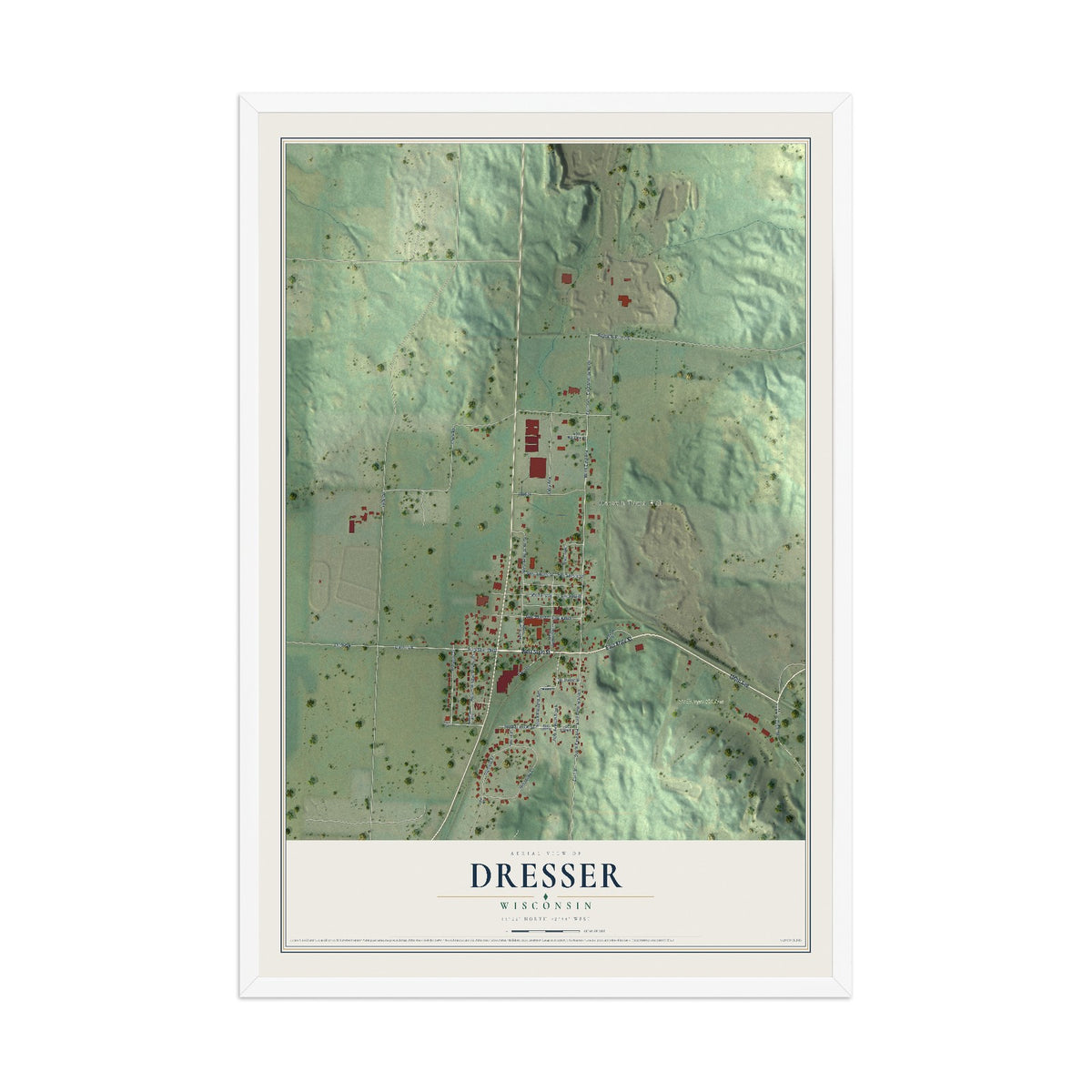 Map of Dresser, Wisconsin, 12 x 18 inch print in a white wood frame