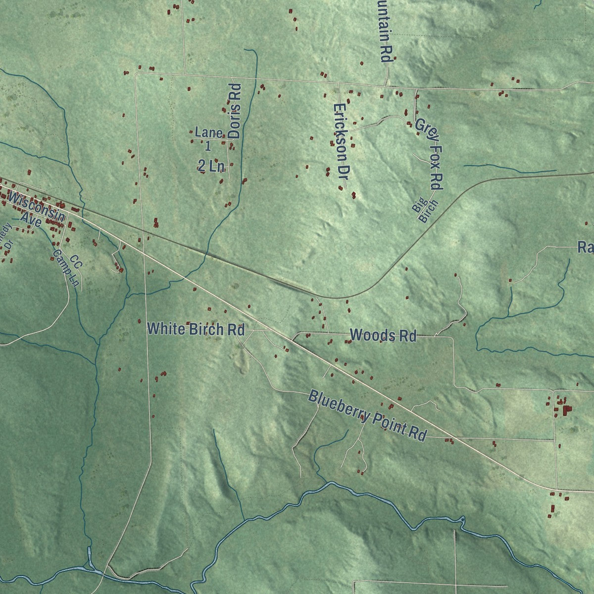 Second close-up of the map of Dunbar, Wisconsin print showing more streets and buildings