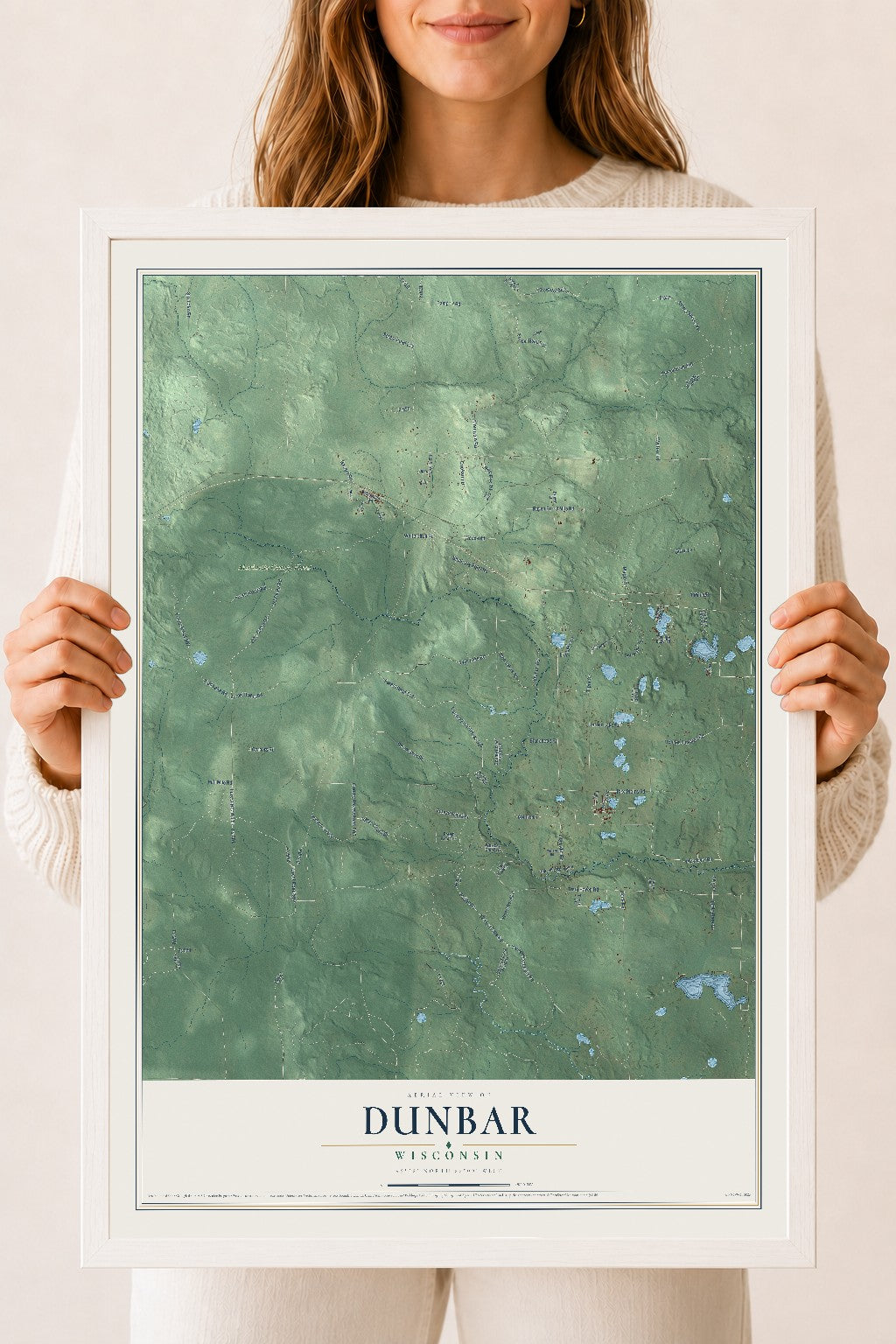 Map of Dunbar, Wisconsin, 18 x 24 inch print in a white wood frame
